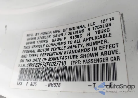 2015 Honda Civic Se from USA, damaged, VIN 19XFB2F74FE027710